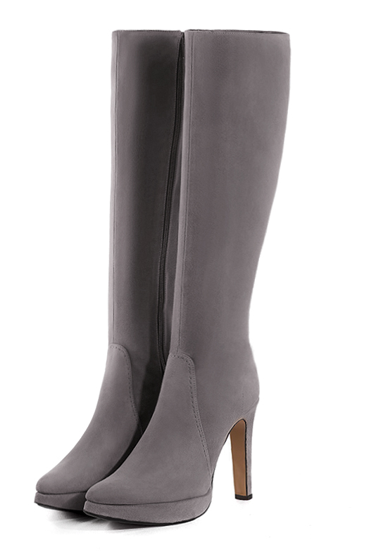 French elegance and refinement for these pebble grey feminine knee-high boots, 
                available in many subtle leather and colour combinations. Pretty boot adjustable to your measurements in height and width
Customizable or not, in your materials and colors. 
                Made to measure. Especially suited to thin or thick calves.
                Matching clutches for parties, ceremonies and weddings.   
                You can customize these knee-high boots to perfectly match your tastes or needs, and have a unique model.  
                Choice of leathers, colours, knots and heels. 
                Wide range of materials and shades carefully chosen.  
                Rich collection of flat, low, mid and high heels.  
                Small and large shoe sizes - Florence KOOIJMAN